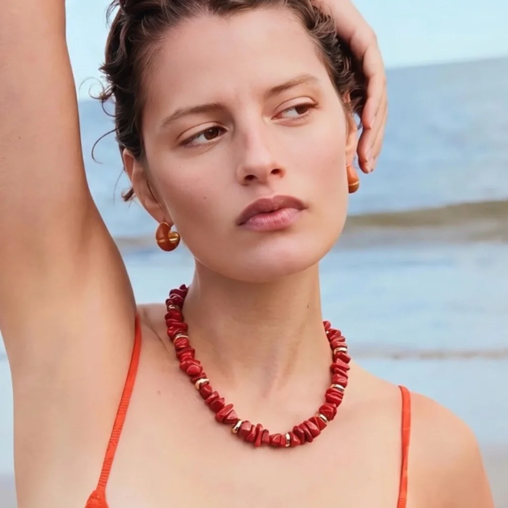Red Bead Necklace with Gold Accents new